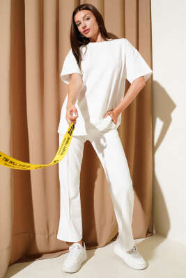 Pazarium - Çıma Detaylı Kısa Kol İkili Takım Beyaz