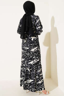 Beli Lastikli Karışık Desen Bürümcük Elbise Siyah - Thumbnail