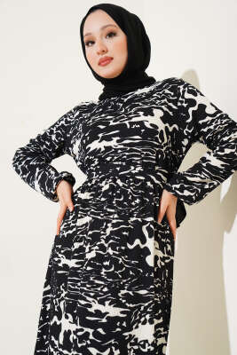 Beli Lastikli Karışık Desen Bürümcük Elbise Siyah - Thumbnail