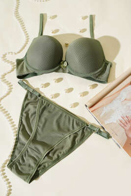 Double Push Up Fitilli Sütyen Takım Haki - Thumbnail