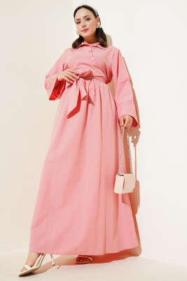 Pazarium - Yan Bağlamalı Yarım Çapraz Düğmeli Elbise Pudra