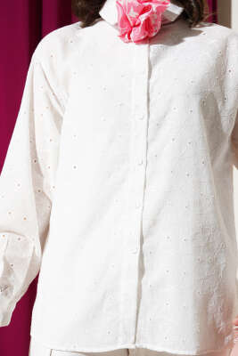 Çiçek Detaylı Brodeli Gömlek Ekru - Thumbnail