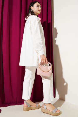 Çiçek Detaylı Brodeli Gömlek Ekru - Thumbnail