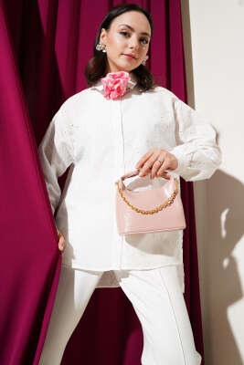 Pazarium - Çiçek Detaylı Brodeli Gömlek Ekru