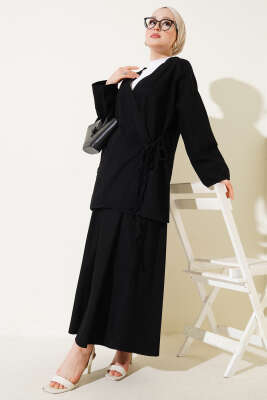 İp Bağlamalı Etekli Kot İkili Takım Siyah - Thumbnail