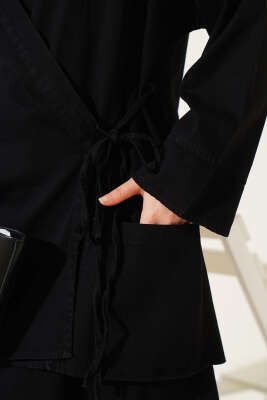 İp Bağlamalı Etekli Kot İkili Takım Siyah - Thumbnail