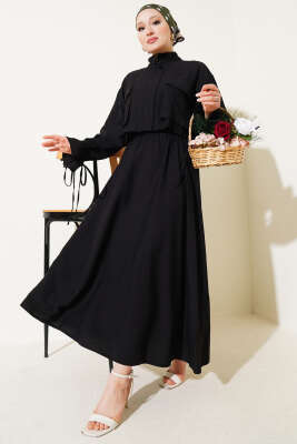 Pazarium - Göğüs Cepli Fermuarlı Etekli İkili Takım Siyah