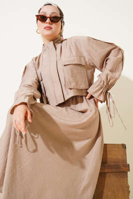 Göğüs Cepli Fermuarlı Etekli İkili Takım Latte - Thumbnail