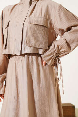 Göğüs Cepli Fermuarlı Etekli İkili Takım Latte - Thumbnail