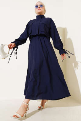 Pazarium - Göğüs Cepli Fermuarlı Etekli İkili Takım Lacivert