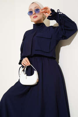 Göğüs Cepli Fermuarlı Etekli İkili Takım Lacivert - Thumbnail