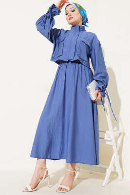 Pazarium - Göğüs Cepli Fermuarlı Etekli İkili Takım İndigo