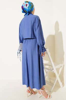 Göğüs Cepli Fermuarlı Etekli İkili Takım İndigo - Thumbnail