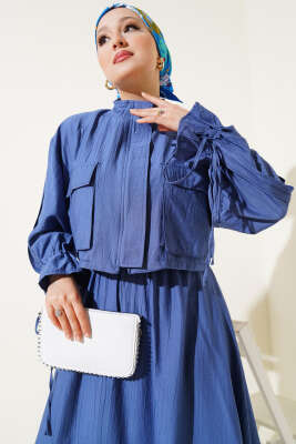 Göğüs Cepli Fermuarlı Etekli İkili Takım İndigo - Thumbnail