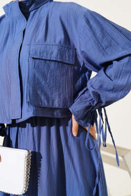 Göğüs Cepli Fermuarlı Etekli İkili Takım İndigo - Thumbnail