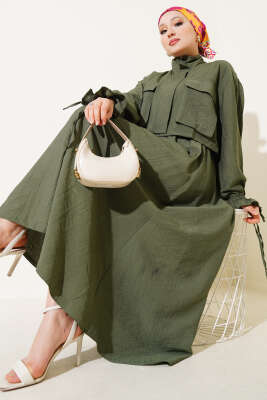 Göğüs Cepli Fermuarlı Etekli İkili Takım Haki - Thumbnail