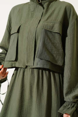 Göğüs Cepli Fermuarlı Etekli İkili Takım Haki - Thumbnail