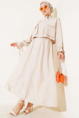 Göğüs Cepli Fermuarlı Etekli İkili Takım Bej - Thumbnail