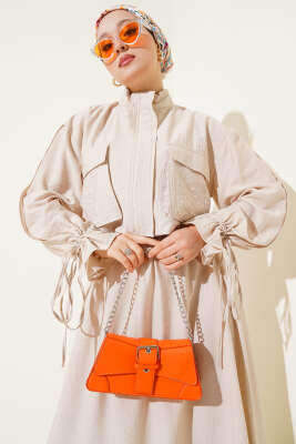 Göğüs Cepli Fermuarlı Etekli İkili Takım Bej - Thumbnail