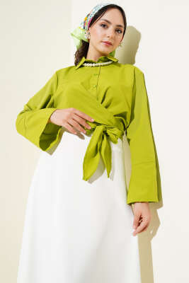 Pazarium - Önden Bağlamalı Kısa Gömlek Yağ Yeşili