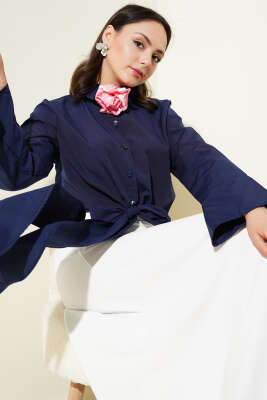 Önden Bağlamalı Kısa Gömlek Lacivert - Thumbnail