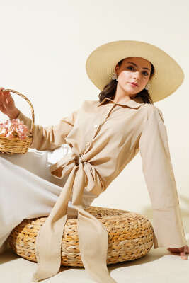 Pazarium - Önden Bağlamalı Kısa Gömlek Bej