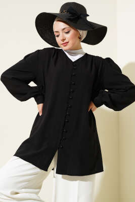 Pazarium - Brit Düğmeli V Yaka Gömlek Siyah