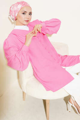 Pazarium - Brit Düğmeli V Yaka Gömlek Pembe