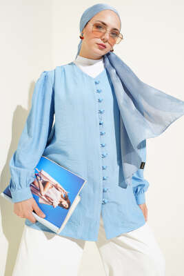 Pazarium - Brit Düğmeli V Yaka Gömlek Mavi