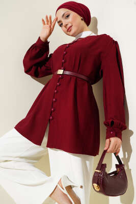 Pazarium - Brit Düğmeli V Yaka Gömlek Bordo