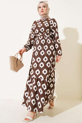 Pazarium - Halka Desen Kuşaklı Bürümcük Elbise Kahve