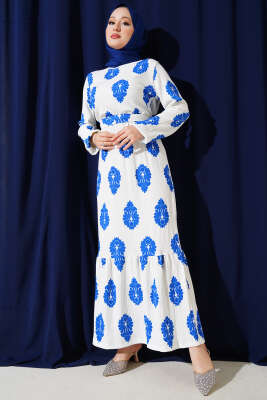 Pazarium - Volanlı Kuşaklı Desenli Bürümcük Elbise Saks