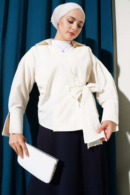 Pazarium - Yandan Bağlamalı Bluz Ekru