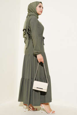 Kat Kat Bürümcük Kuşaklı Elbise Haki - Thumbnail