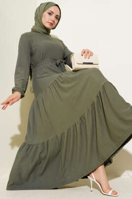 Pazarium - Kat Kat Bürümcük Kuşaklı Elbise Haki