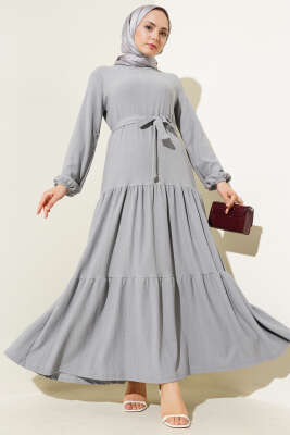 Pazarium - Kat Kat Bürümcük Kuşaklı Elbise Gri