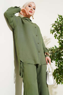 Pazarium - Yanları İp Detaylı İkili Takım Haki