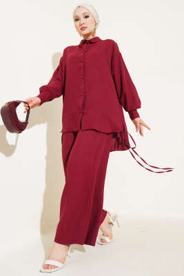 Pazarium - Yanları İp Detaylı İkili Takım Bordo