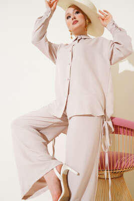 Pazarium - Yanları İp Detaylı İkili Takım Bej