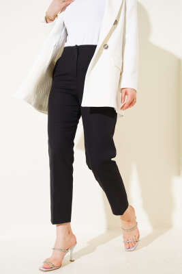 Pazarium - Bel Çımalı Dar Paça Kumaş Pantolon Siyah