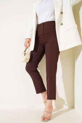 Pazarium - Bel Çımalı Dar Paça Kumaş Pantolon Kahve