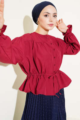 Pazarium - Bilek Lastikli Bel Tünelli Kısa Gömlek Bordo