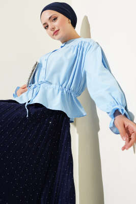 Pazarium - Bilek Lastikli Bel Tünelli Kısa Gömlek Bebe Mavi