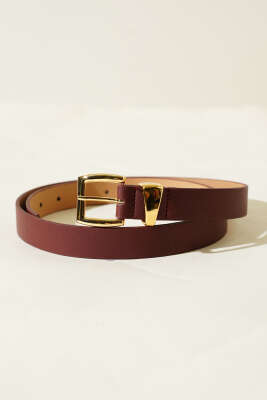 Pazarium - İnce Metal Kare Tokalı Kemer Bordo