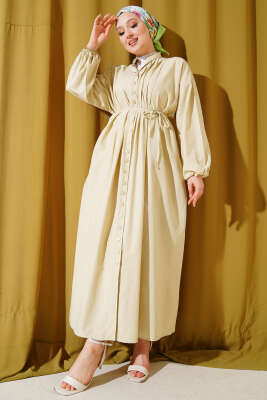 Pazarium - Önü Nervürlü İp Kuşaklı Elbise Bej