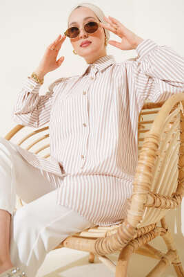 Pazarium - Omuz Büzgülü Çizgili Gömlek Latte