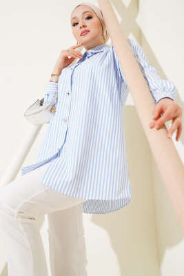 Pazarium - Omuz Büzgülü Çizgili Gömlek Buz Mavisi