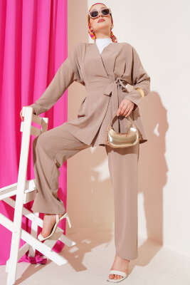 Pazarium - Bel Pensli Yandan Bağlamalı İkili Takım Vizon