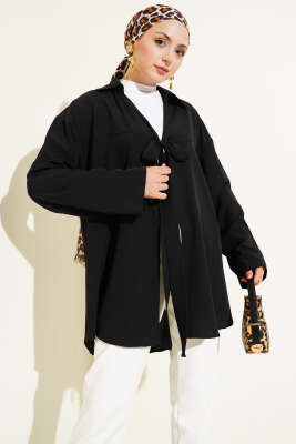 Klasik Yaka Bağlamalı Kimono Siyah - Thumbnail