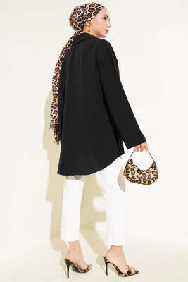 Klasik Yaka Bağlamalı Kimono Siyah - Thumbnail